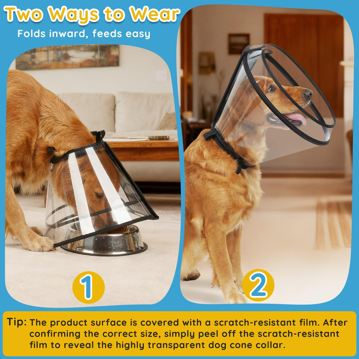 Didopet Dog Cone Collar After Surgery, Extended Dog Recovery Cone to Stop Licking Wounds, Transparent Soft Elizabethan Collar for Large Medium Small Dogs, Adjustable Pet Cone with Elastic Neck Loops