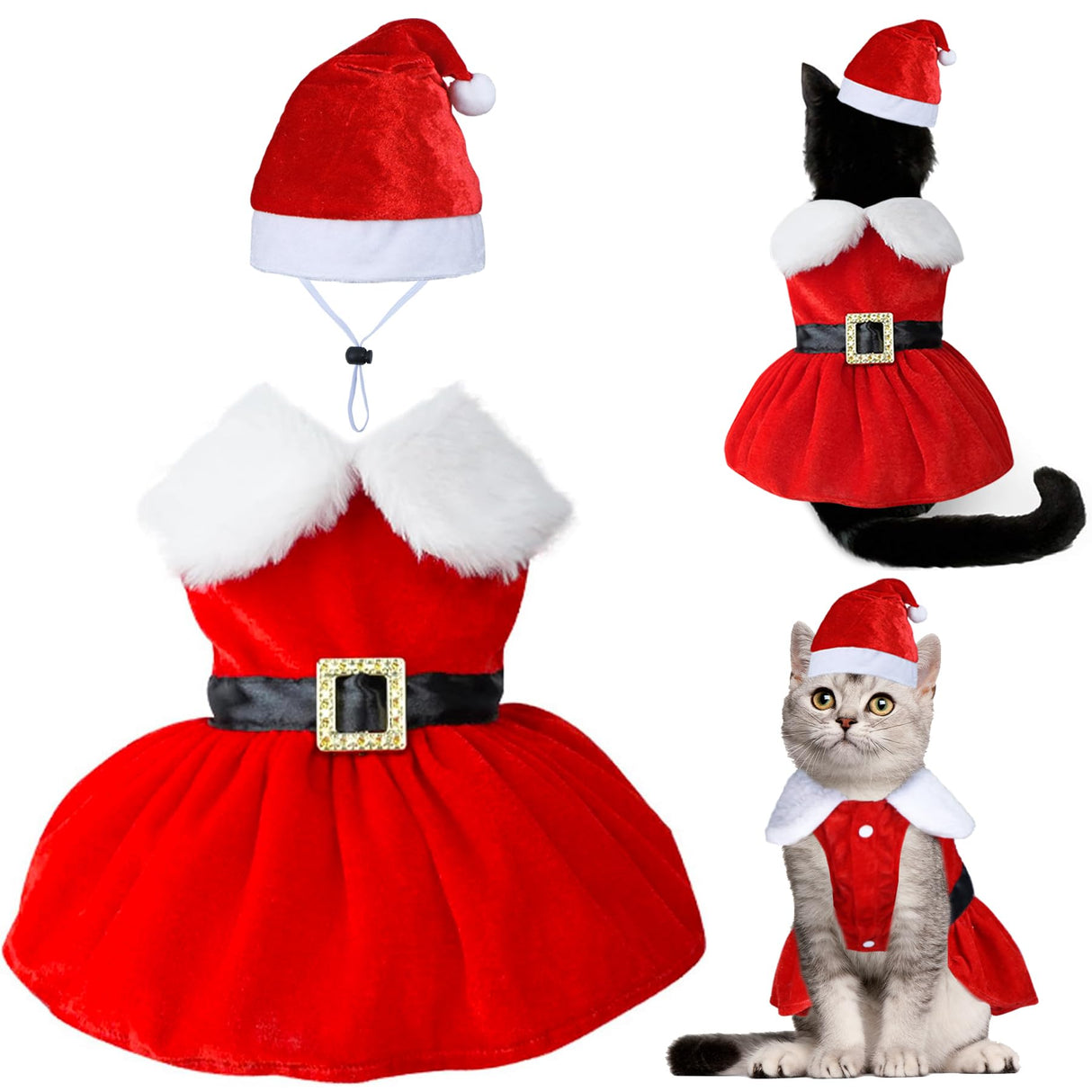 GOYOSWA Cat Kitten Christmas Outfit Cat Christmas Dress Santa Costume Clothes Dog Holiday Outfit Pet Santa Hat Dresses for Kittens Cats Puppy (Dress & Hat, Small)