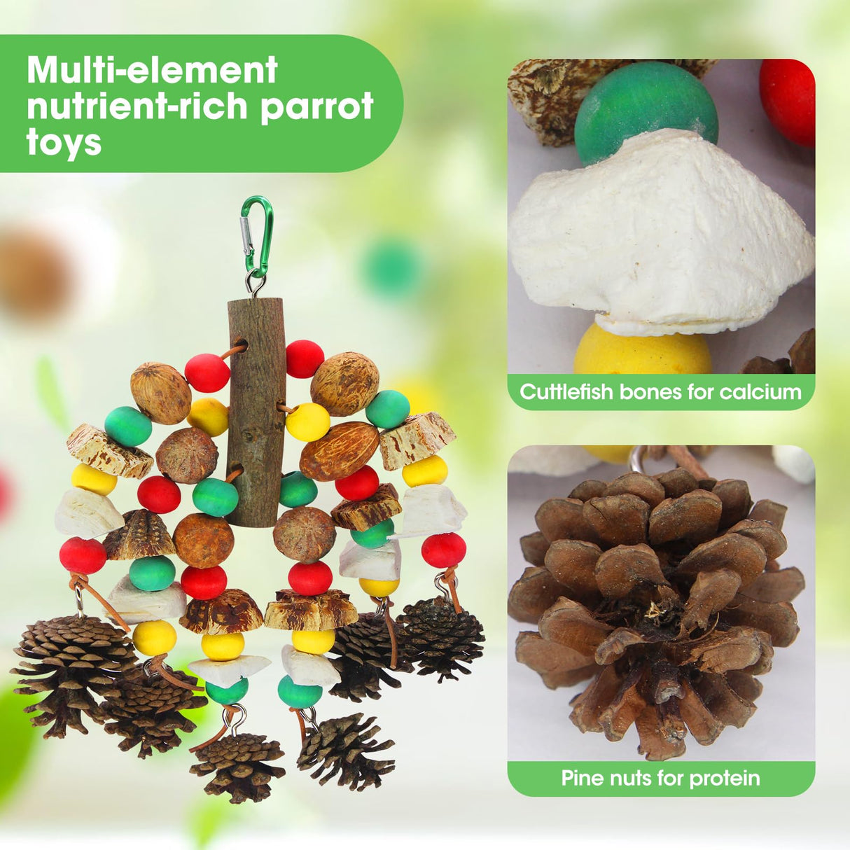 MQUPIN Parrot Toys, Nuts Nutrient-Rich Bird Toys,Natural Wooden Parrot Cage Bite Toy,Chewing Toy Containing Cuttlefish Bones,Pine Cones,Wooden Mangoes and Carambola for African Greys,Cockatoo,Budgie