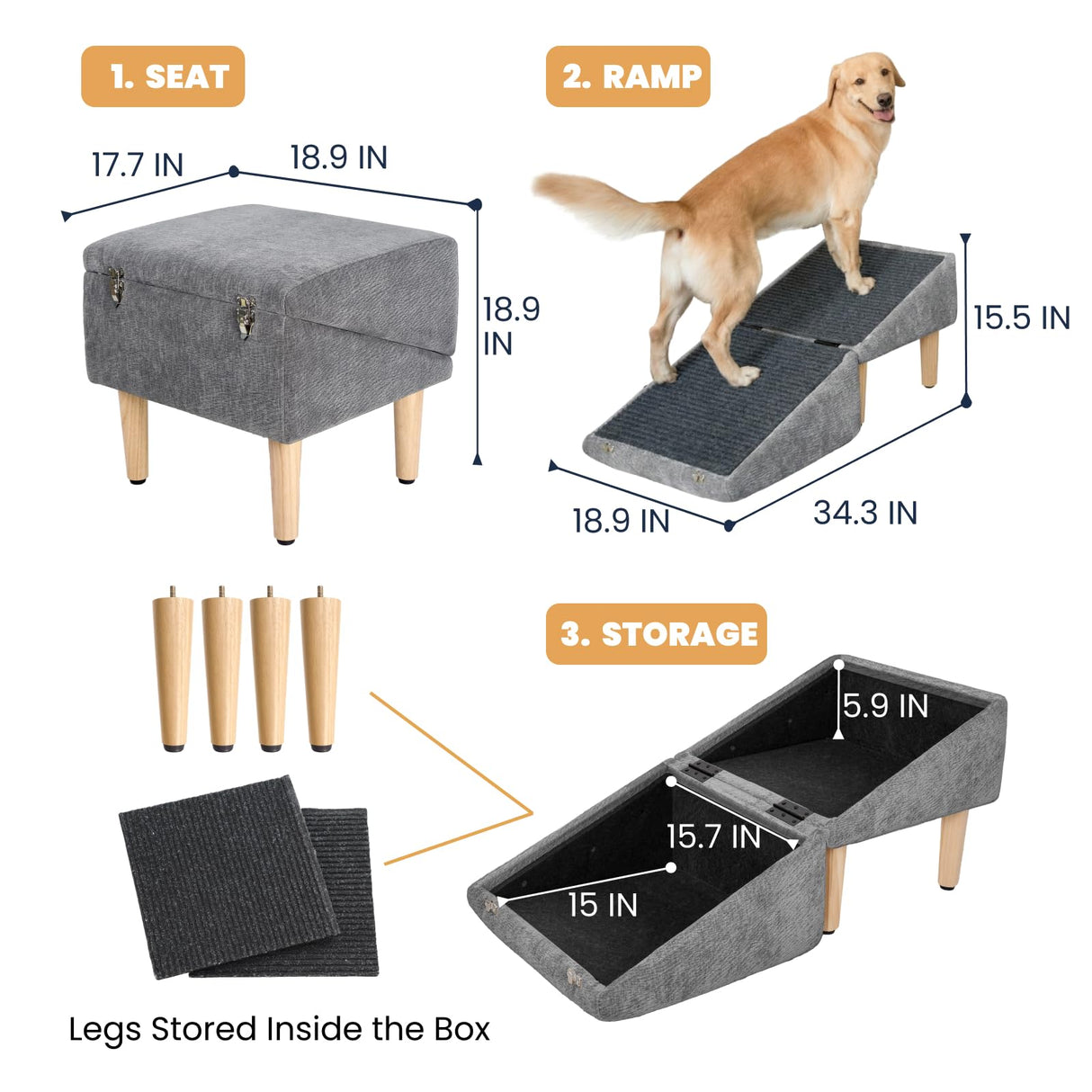 3-in-1 Dog Ramp 18.9"×17.7"×18.9" with Storage – Pet Stairs for Senior & Injured Dogs & Cats, Hidden Storage Footstool, Ottoman Anti-Slip, Supports 220 lbs for Beds & Sofas