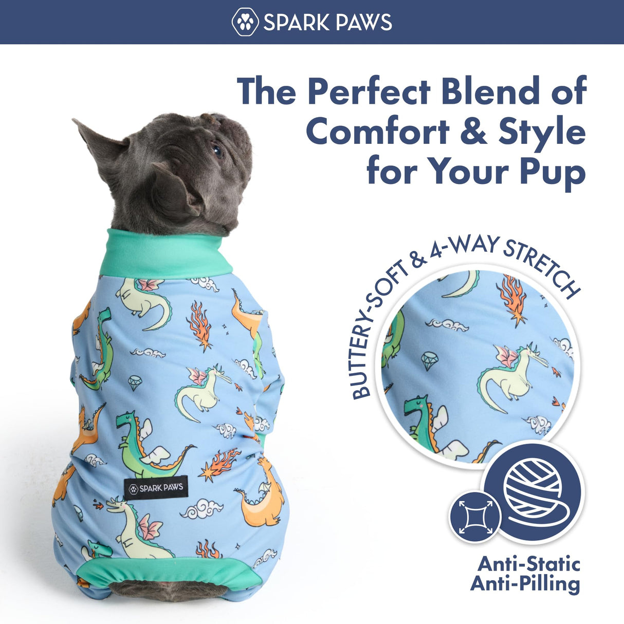 Spark Paws Dog Pajama, Dog Recovery Suit Male, Onesie, Ultra-Soft and 4-Way Stretch, for Small Medium and Large Breeds - Dragons - 3XL