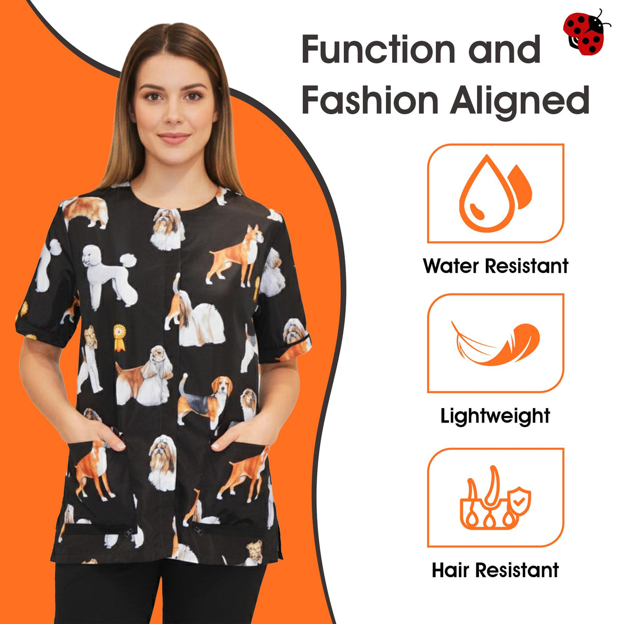 Ladybird Line 803 Water Resistant Dog Groups Stylist Grooming Smock, Hair and Bleach Resistant with Covered Zipper Panel, Mesh Back and Back Tie Belt, Ideal for Pet Groomers and Vet Clinics - Medium