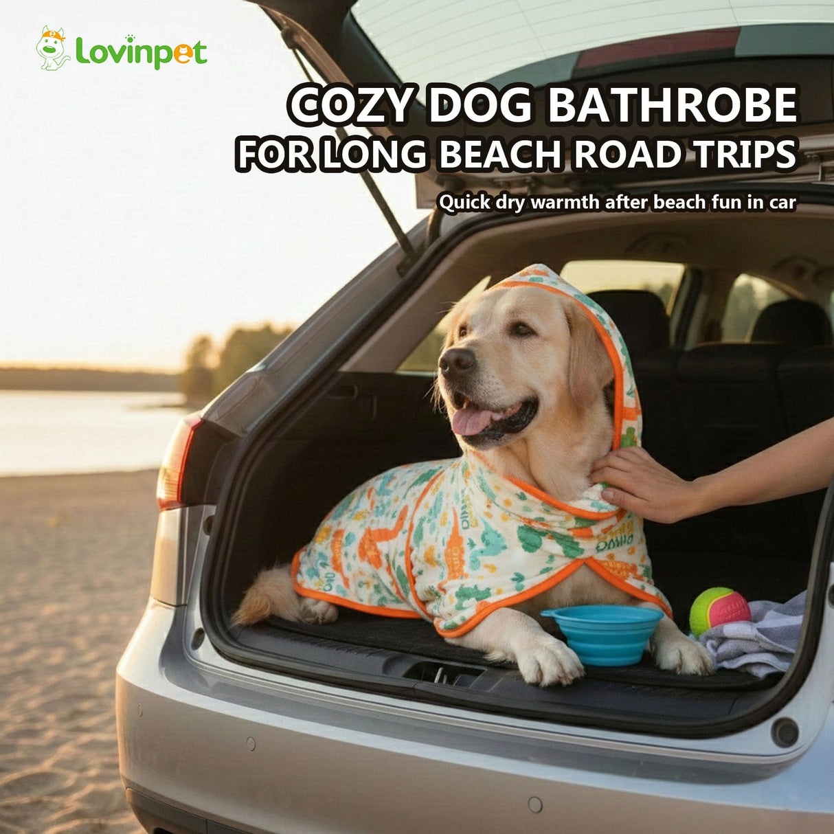 LovinPet 3‑in‑1 Dog Warm Winter Coat & Bathrobe, Hooded Dinosaur Fleece, Lightweight High‑Loft, Absorbent Knit, Quiet Hook‑and‑Loop, Wind‑Blocking Edges, Dog Robes for Medium & Large Dogs, Orange,XL