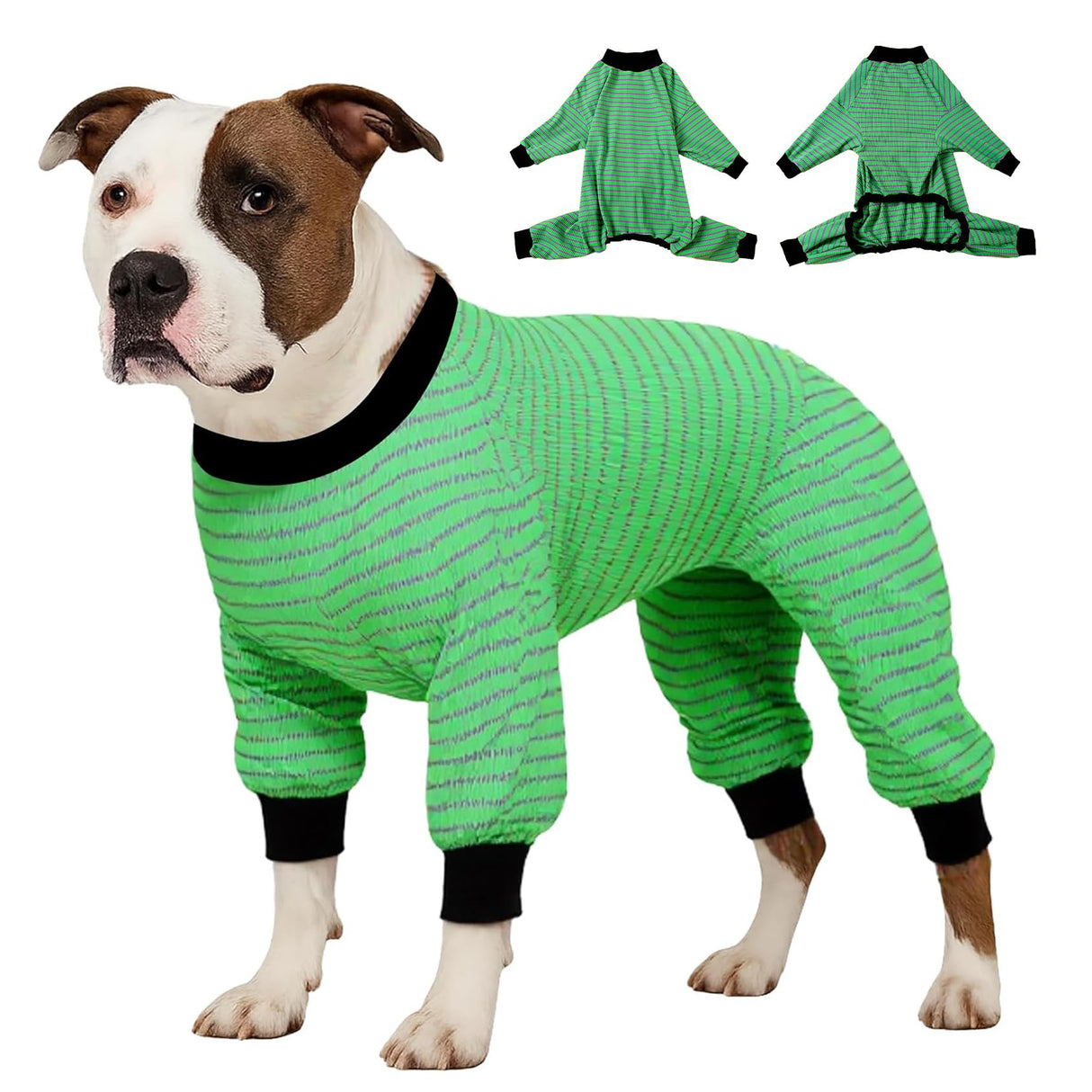LovinPet Big Pitbull Dog Pajamas, Cotton Green and Grey Stripe Dog Shirt, Stop Shedding for Dogs,Onesies for Dogs, Pet Pajamas for Dogs, Pitbull Clothes, Pet PJ's, M