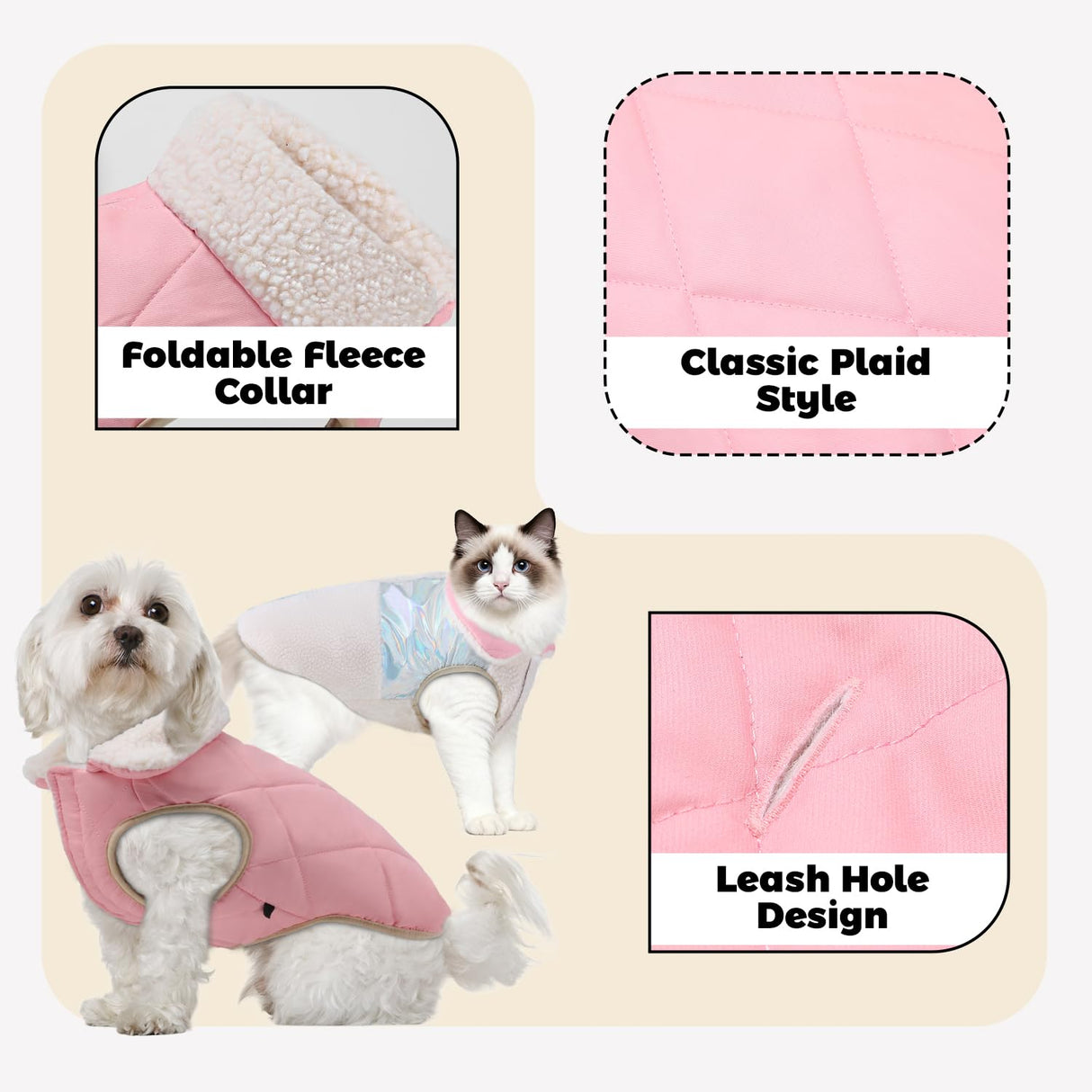 EMUST Quilted Warm Small Dog Winter Coat - 2 Layers Fleece Lined Doggie Puffer Vest for Cold Weather with Leash Hole, Cream, XS