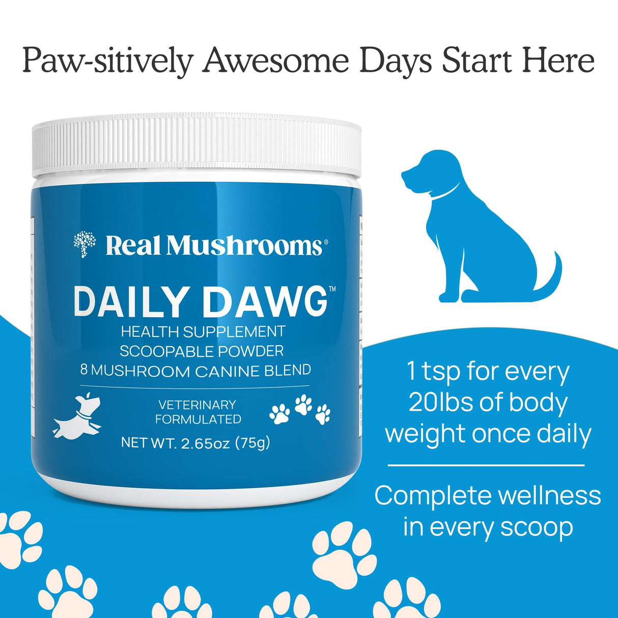 Real Mushrooms Whole Dog Health – Functional Mushroom Blend for Dogs with Lion’s Mane, Cordyceps, Turkey Tail, Reishi, Shiitake for Overall Wellbeing of Dogs – 2.65 oz Powder Supplement