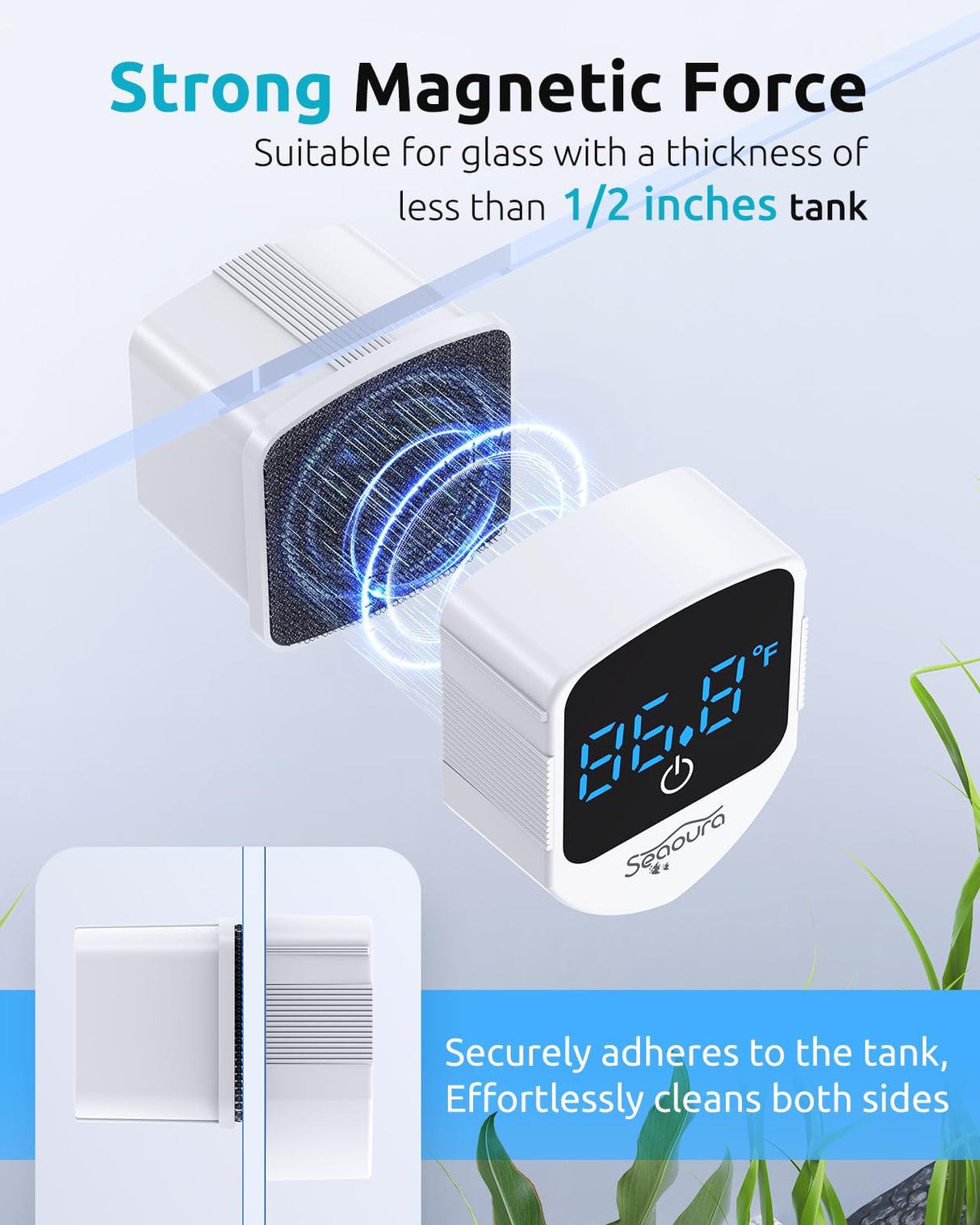 SEAOURA 2-in-1 Mini Aquarium Magnetic Cleaner with Digital Thermometer, Fish Aquariums Magnets Brush only for Glass Tank,Tiny Magnet Floating Cleaning Tool for 1-30 Gallons