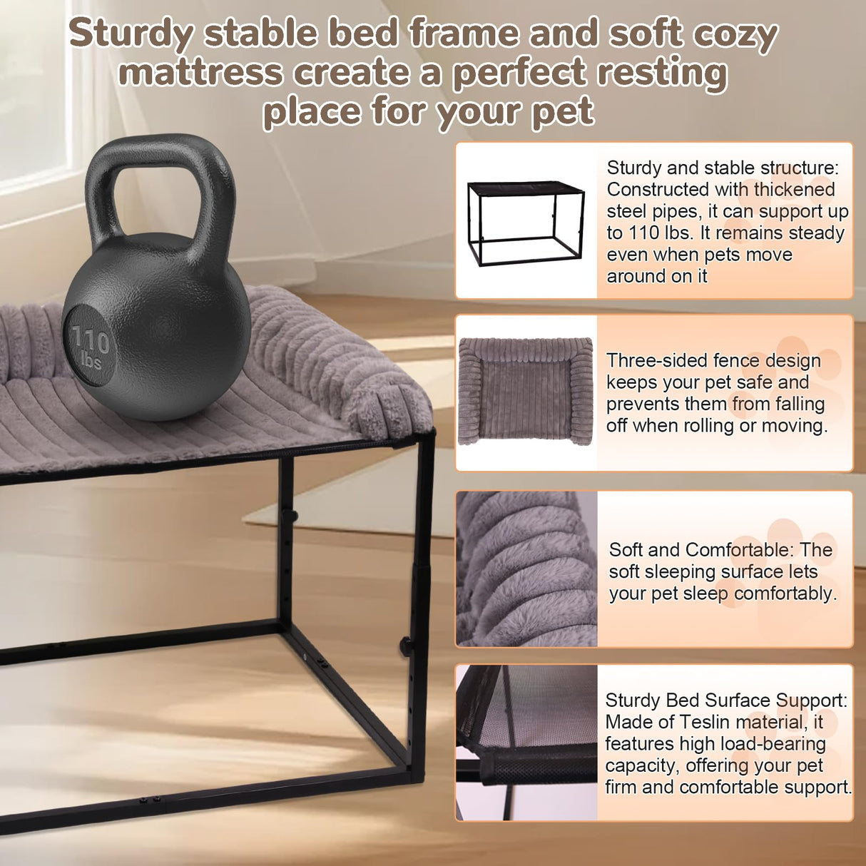 Large Bedside Dog Bed for Medium & Large Dogs, Height Adjustable Cosleeper Next to Human Bed, Elevated Sturdy Frame with Washable Cushion for Heavy Dogs