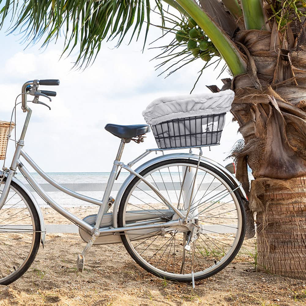 ANZOME Dog Bike Basket Liner (Liner Only), Soft Sherpa Padded Cover for Wire Bicycle Baskets, Warm Winter Pet Carrier Insert Bed with Durable Canvas & Elastic Fit (Grey)