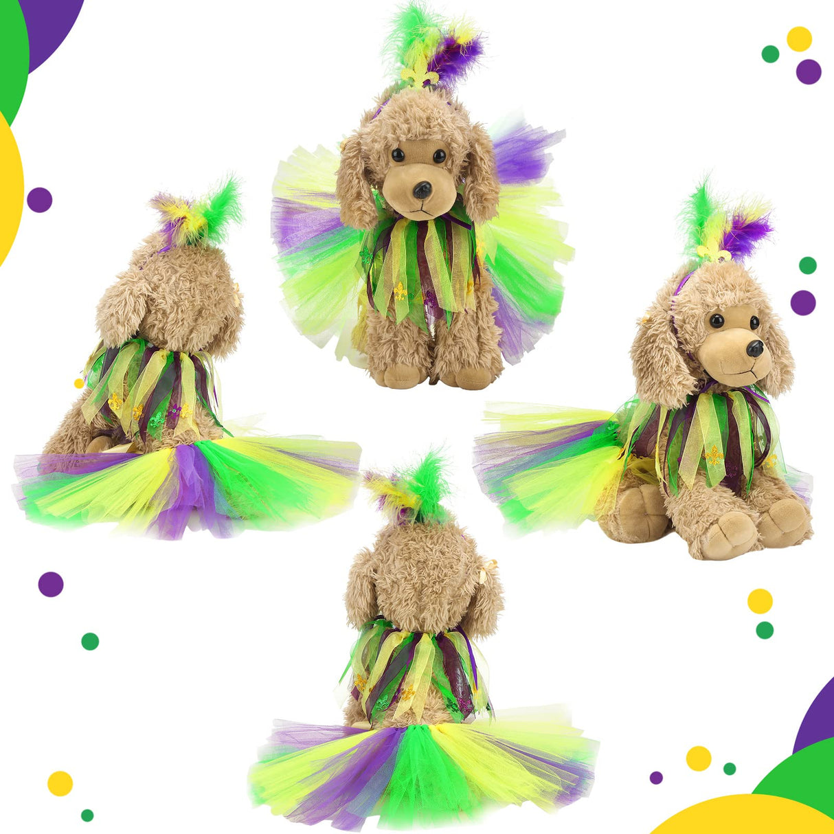 3 Pieces Girl Dog Costume Mardi Gras Tutu Skirt and Fleur De Lis Feather Headband Fancy Collar for Puppy Dog Costume Decorations Supplies, Purple, Green, Yellow (Small)