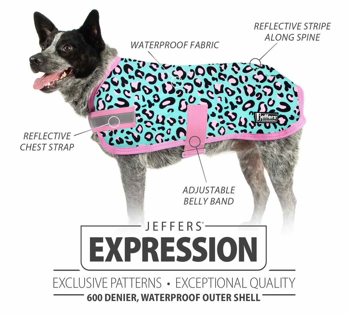 Jeffers Expression Dog Coat Waterproof Ripstop Winter Jacket 16" – 240g Insulated Blanket, Adjustable Belly & Chest Straps, Reflective Strips, Small to Large Breeds, Outdoor & Travel - Party Cheetah