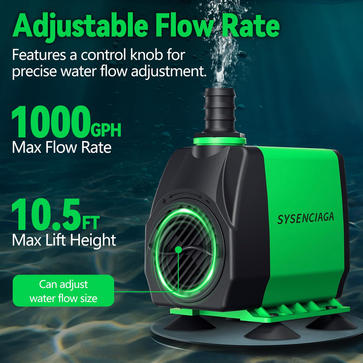 40W Fountain Submersible Water Pump, 1000GPH Adjustable Ultra Quiet Aquarium Pump, Small Pond Pump with 3 Nozzles, 10.5ft High Lift for Small Pond, Fish tank, Waterfall, Outdoor, Hydroponics