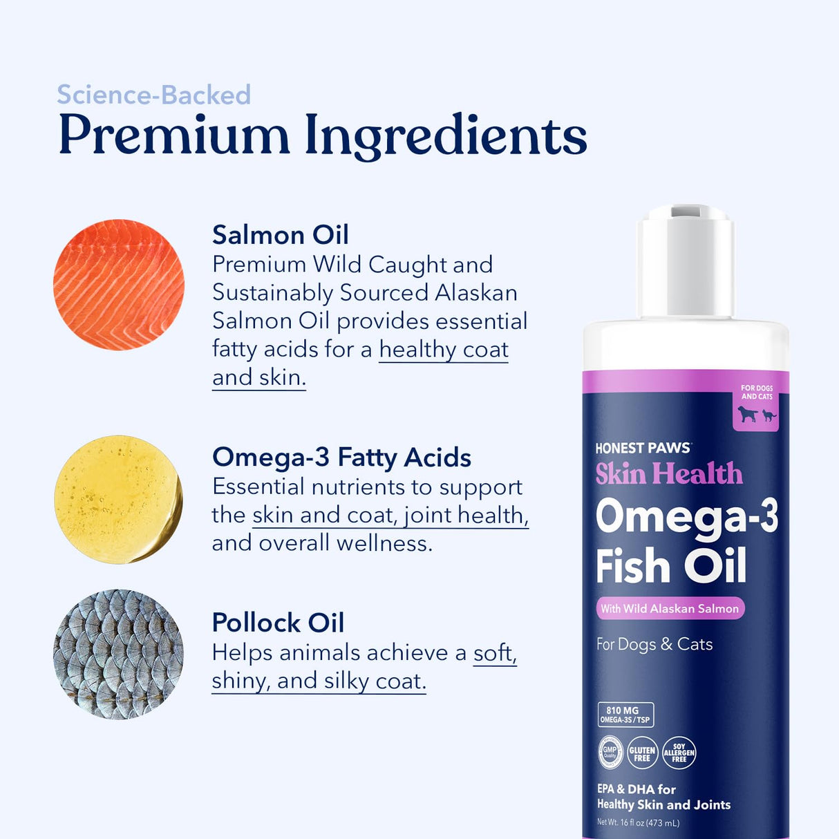 Honest Paws Salmon Oil for Dogs & Cats – Omega 3 Fish Oil Supplement for Skin, Coat, Joint & Heart Health – Natural, Sustainably Sourced Wild Alaskan Salmon, 16 oz