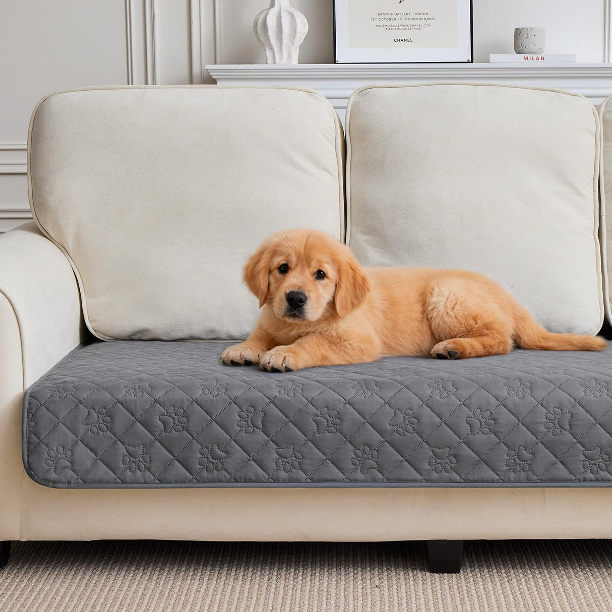 Waterproof 4 Seater Couch Cover for Dogs, Paw Print Quilted Blanket for 4 Cushion Sofa and Bed, Pet Hair Resistant, Skin-Friendly, Scratch Proof, Washable Sofa Seat Protector, 30x90 inch, Grey