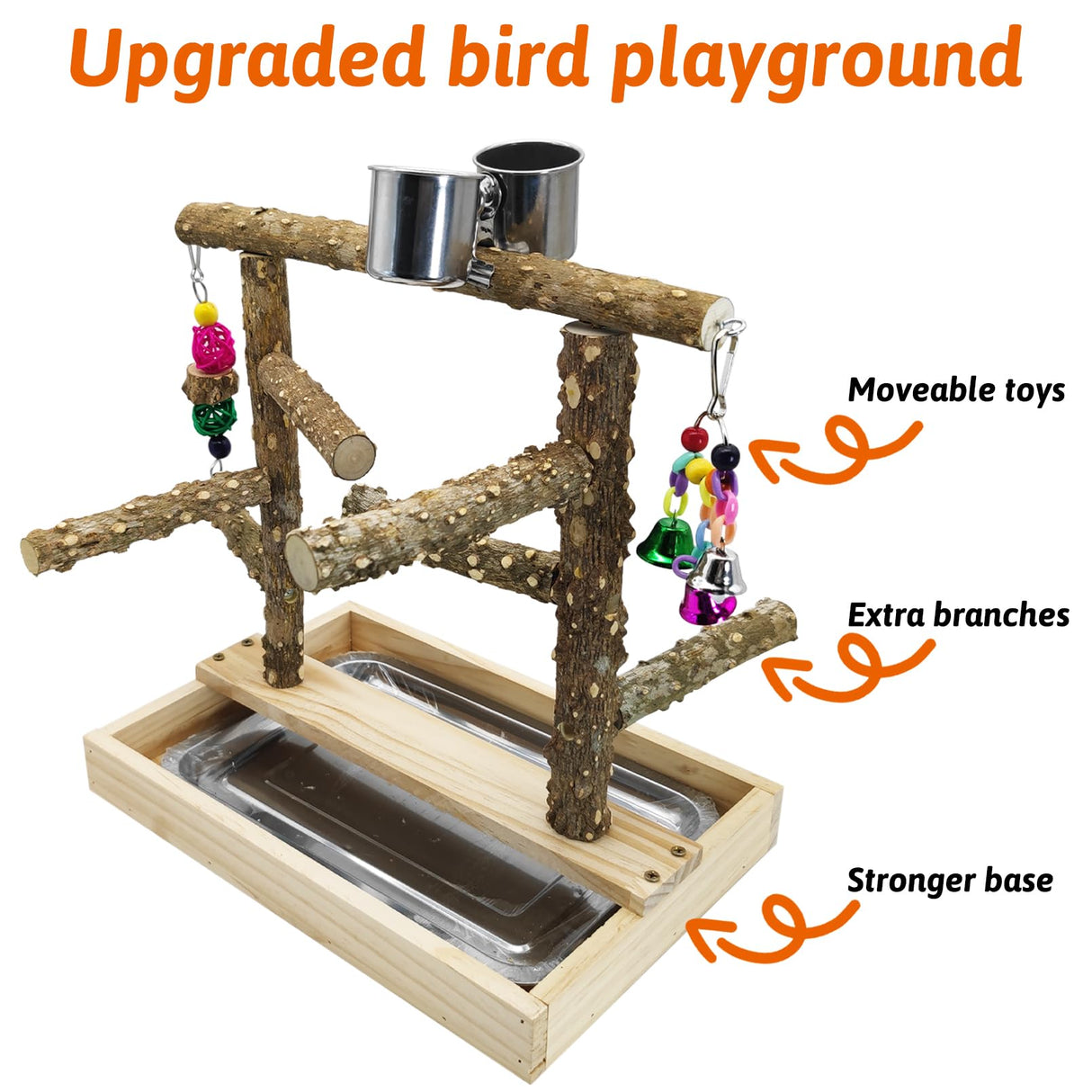 BNOSDM Natural Wood Bird Playground for Training & Playing, Parrot Perch Stand Jungle Gym with Detachable Tray & Stainless Feeder Cups Parakeet Cage Playstand for Budgie, Cockatiel, African Grey