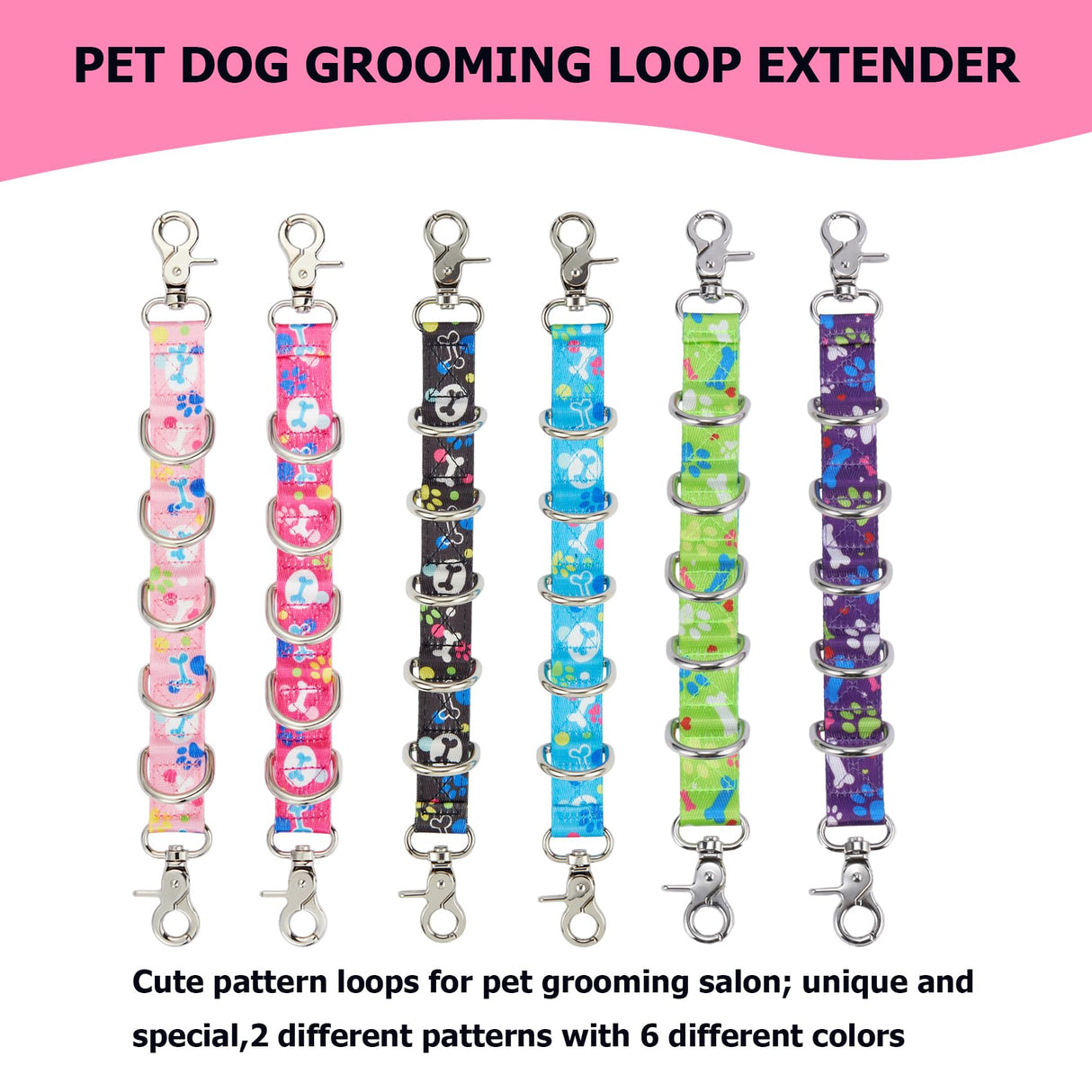FURSDOLY Dog Grooming Loops Table Supplies 2 Pack Cute Colorful Paw Pattern Restraint Loop Dogs Grooming Arm Extension Double Snap Hooks Extender with 5 D-Rings for Pet Salon & Daily Conveience