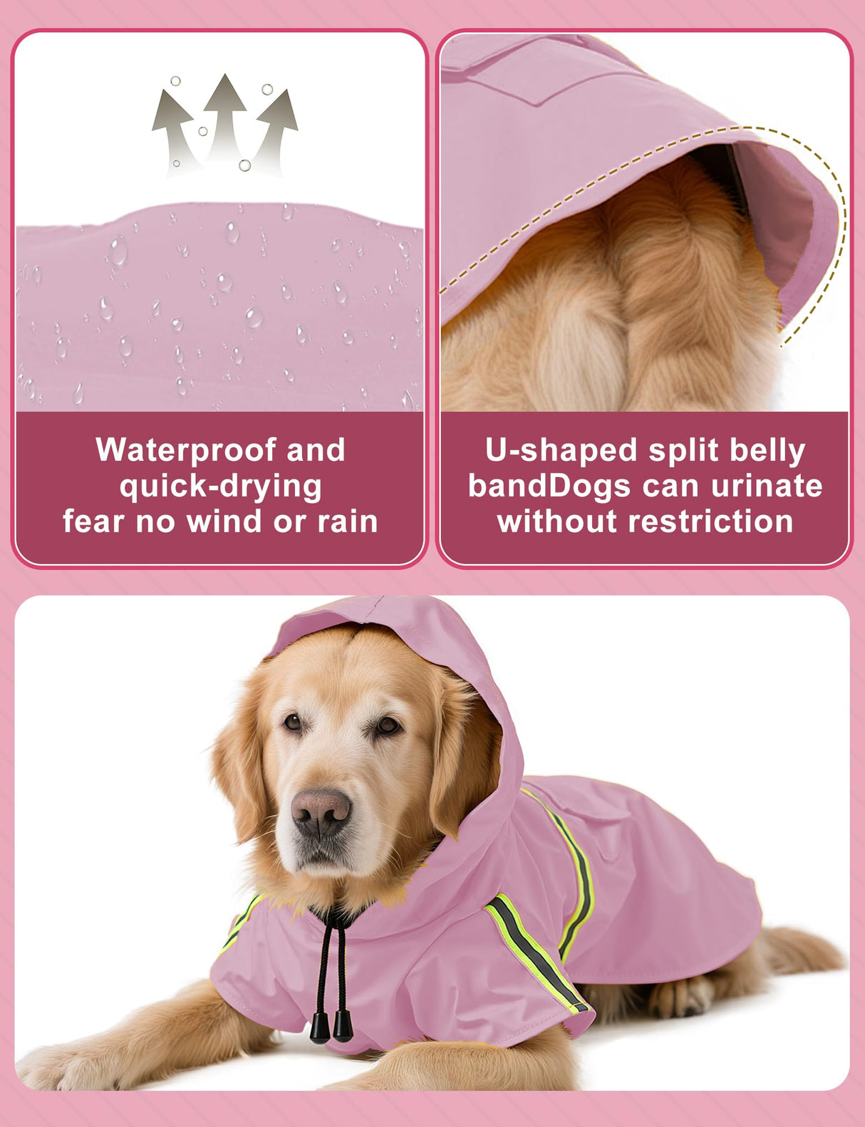 Dog Rain Coat, Waterproof Adjustable Dog Rain Jackets, Reflective Strap Pet Rain Coat with Leash Hole, Hooded Snowproof Windproof Clothes for Small Medium Dog