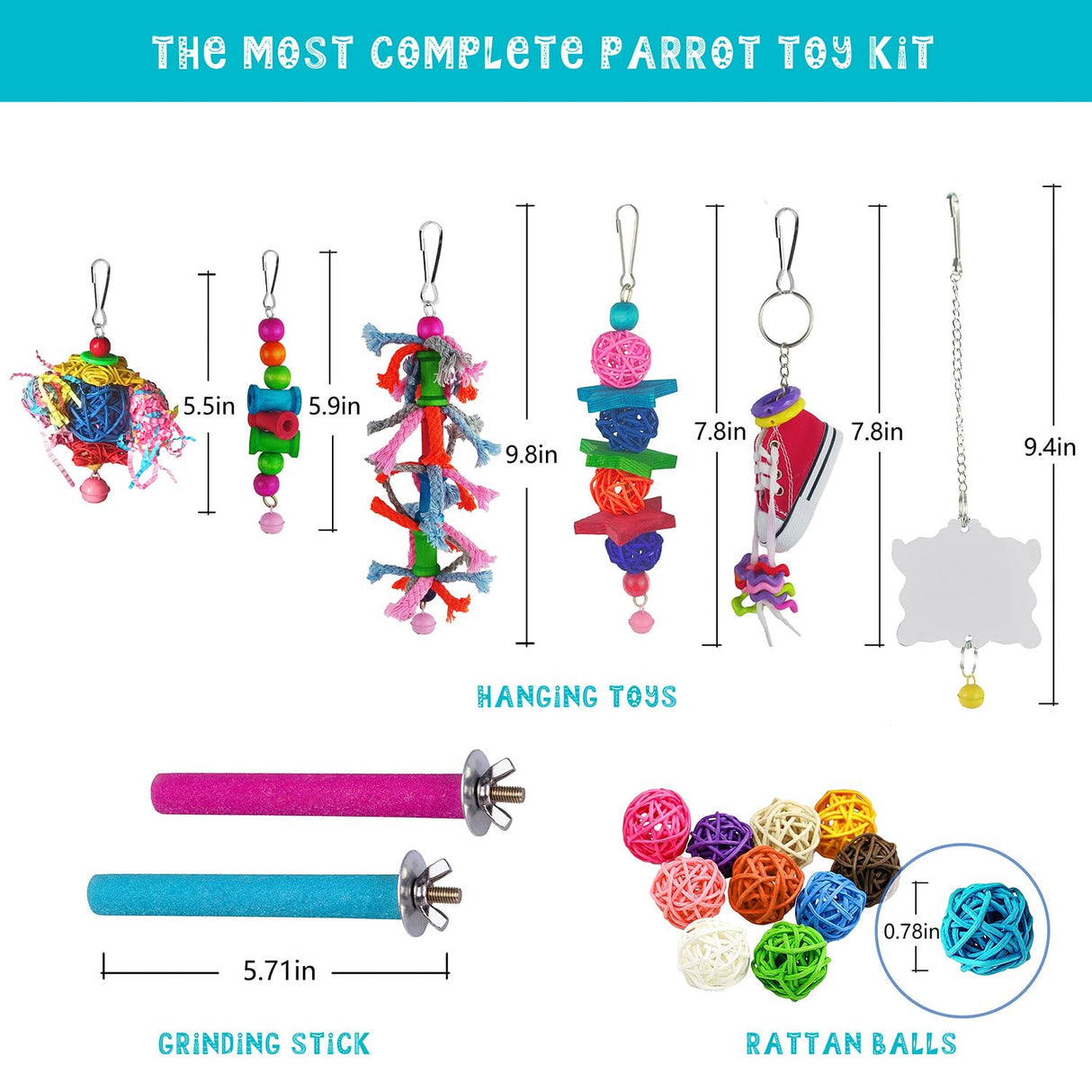 Sysmashing 23pcs Bird Parakeet Cockatiel Toys,Parrot Swing Chewing Hanging Toy with Safe Bells,Bird cage Colorful Climbing Standing Rope Natural Wood Ladder Bungee Toys