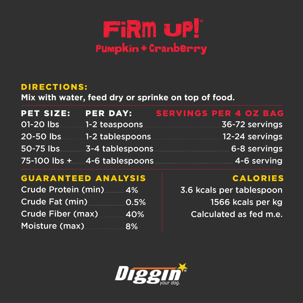 Diggin’ Your Dog Firm Up Pumpkin for Dogs & Cats with Cranberry, 100% Made in USA, Pumpkin Powder for Dogs, Digestive Support, Apple Pectin, Fiber, Healthy Stool, 4 oz