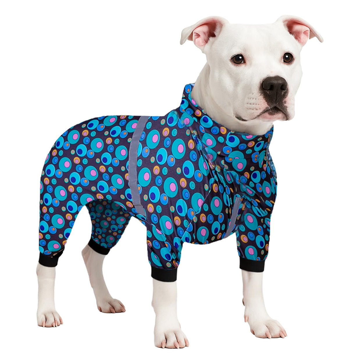 LovinPet PJS Dog Jumpsuit, Wound Care/Surgical Recovery Dog Pajamas, Anxiety Relief Shirt, Pitbull Clothes, Pajamas for Pitbulls, Reflective Stripe Green Bubble Print, Green, M