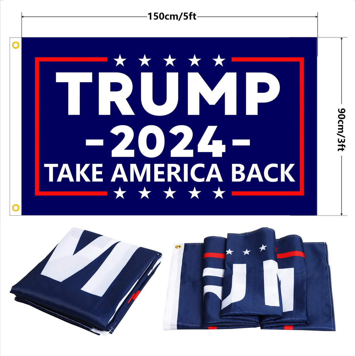 Trump 2024 Flag Hat Merchandise, Including Make America Great Again Hat, Take America Back Flag 3x5Ft, 4 Silicone Bracelets, 2 Buttons Badges