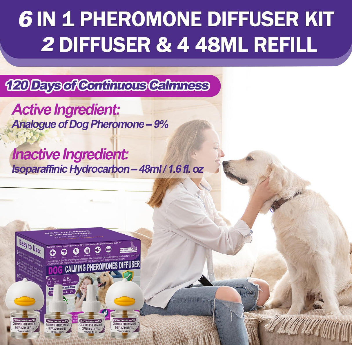Dog Calming Pheromones Diffuser & 6 in 1 Kit Appeasing Dog Pheromone Diffuser to Calm (2 Plug in+4 x48ml Refill) Dog Calming Diffuser Anxiety Reduce Aggression Fighting Barking Stress 120 Day Supply