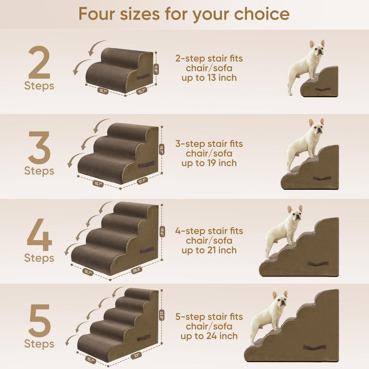 PAWSCART Dog Stairs for Dogs and Cats, 4-Step Dog Steps for Bed, 19.6" H Pet Stairs for High Bed, Pet Ramp for Couch, Sofa, Non-Slip Surface Removable Washable Cover, Brown