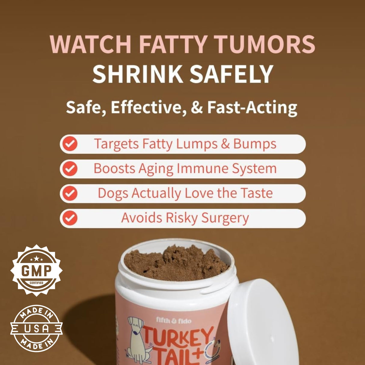 Fifth & Fido Turkey Tail Mushroom for Dogs – Turkey Tail for Dogs Mushroom Supplement with Immune Support for Lipoma, Lumps & Bumps – Premium Pet Vitamins and Supplements Made in USA, 200 Servings