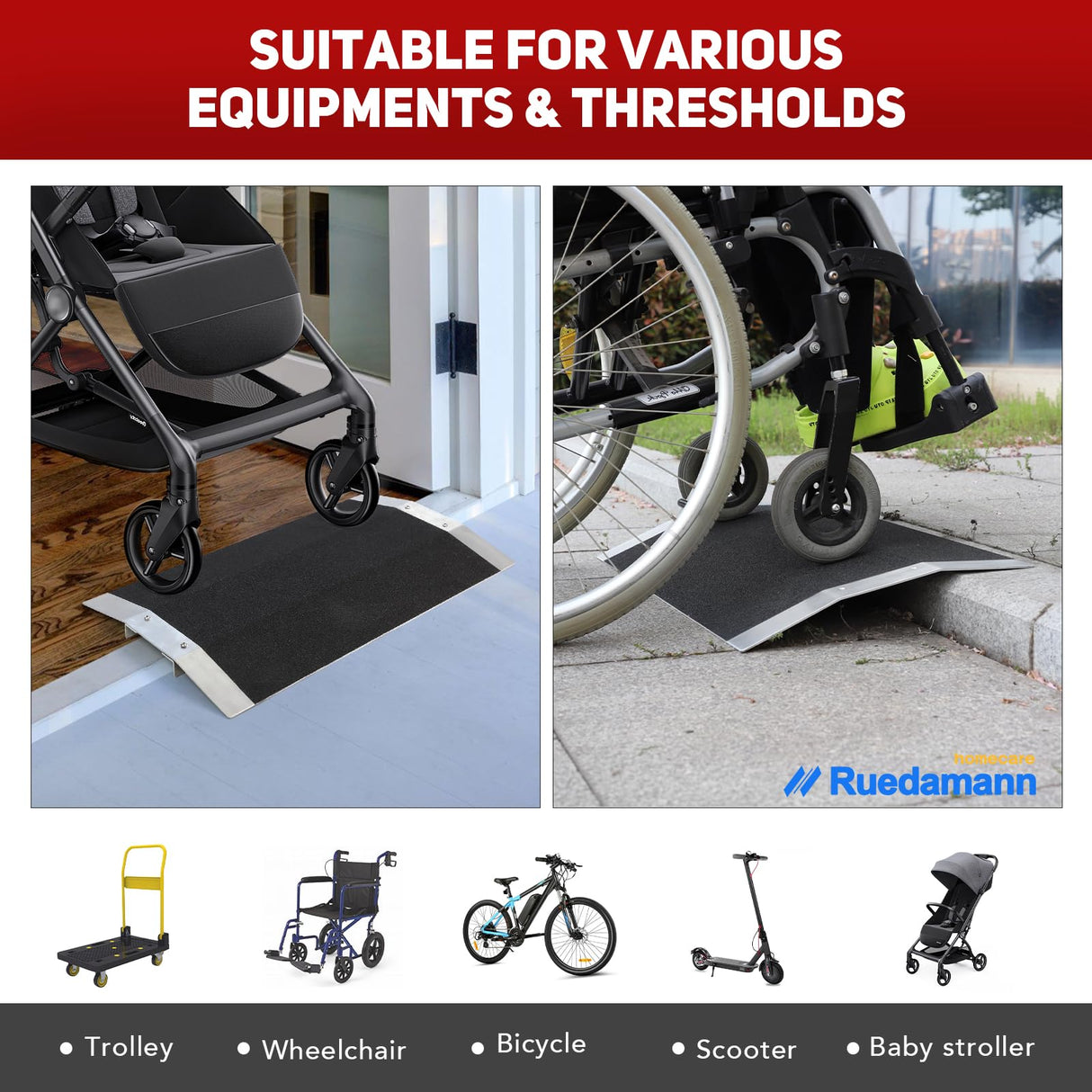 Ruedamann 27.6" W x 1" H Wheelchair Ramp,600lbs Capacity,Bridge Threshold Ramp with Supporting Frame and Non-Slip Surface,Aluminum Ramp for Wheelchairs, Stairs,Vans, Steps