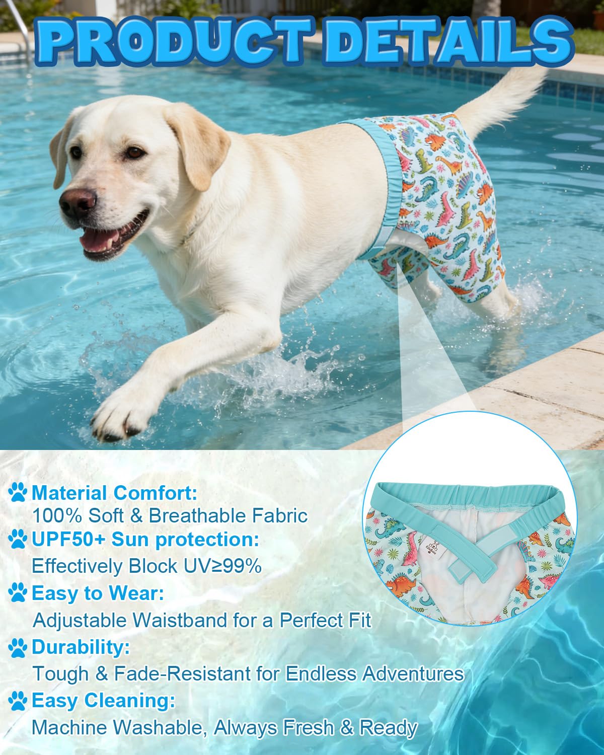 CuteBone Dog Swim Trunks Swimsuit Durable & Comfortable - Quick-Dry, Adjustable Waistband Shorts, UV Protection Bikini- Perfect for Beach, Pool & Outdoor Fun, Dinos DST11XL