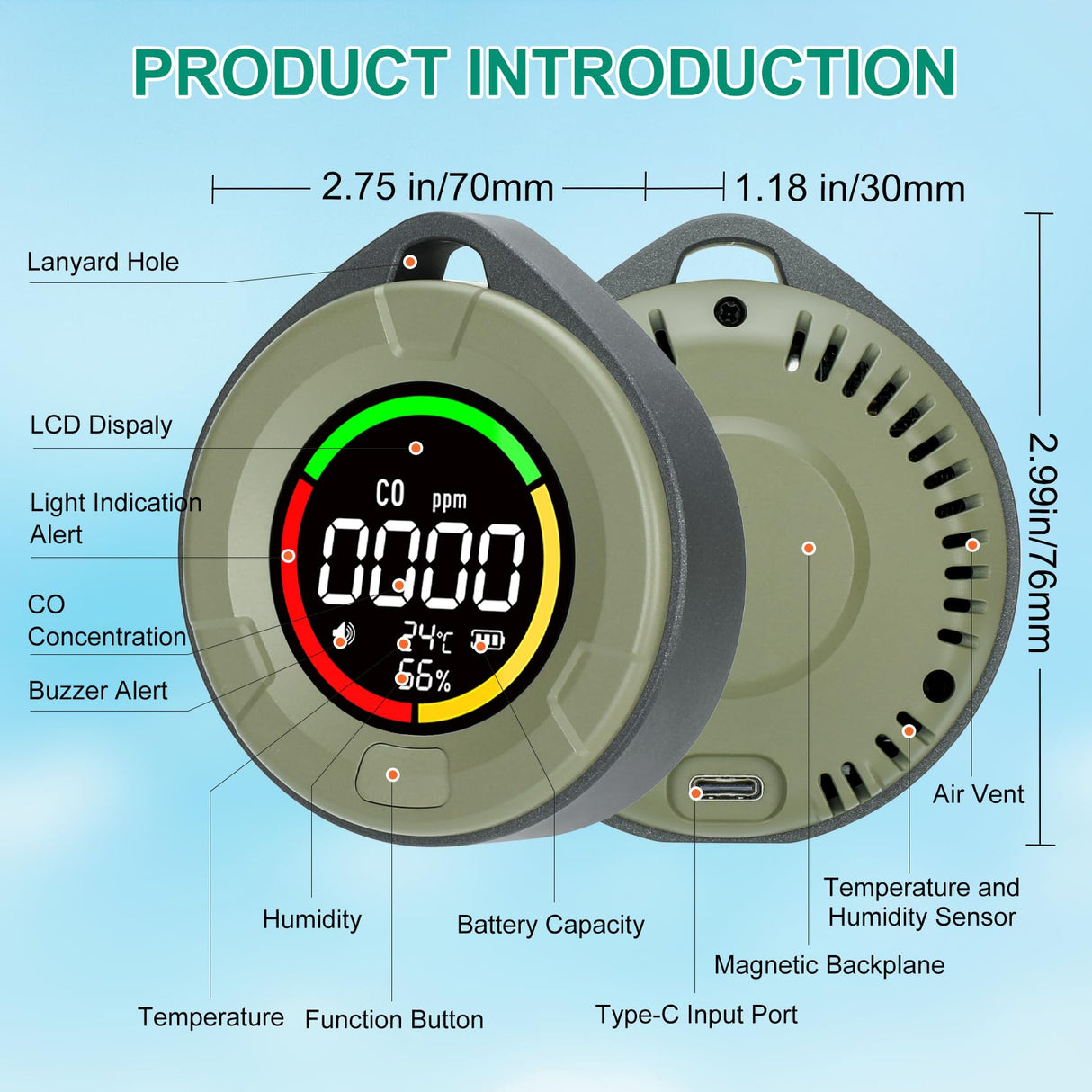 Lunarlipes Portable Carbon Monoxide Detectors for Travel, Mini 3-in-1 Carbon Monoxide Monitor with Magnetic Suction, RV CO Detector Alarm Temp/Humidity Sensor, Rechargeable CO Monitor 120HR Standby