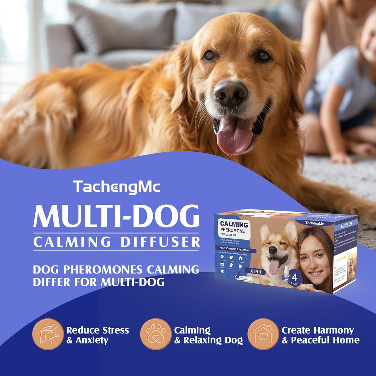 TachengMc Dog Calming Pheromones Diffuser, 6 in 1 Kit Appeasing Pheromone Diffuser to Calm Dogs, Dog Anxiety Relief Lasting 120 Days with 2 Diffuser + 4 48ml Refill