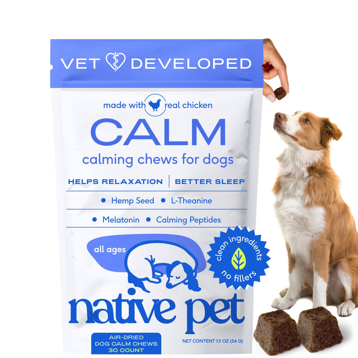 Native Pet Calming Chews for Dogs - Melatonin for Dogs Anxiety Relief - Grain Free All Natural Hemp Calming Treats & L-Theanine Helps Manage Stress & Separation Anxiety - Puppy Sleep Aid - 30 Chews