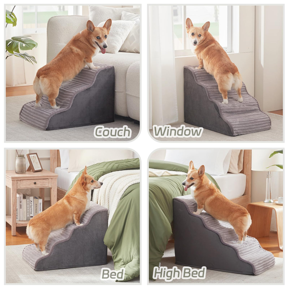 Laojin Balhen Dog Stairs for Small Dogs and Cats 18" H, High Density Support Foam Dog Steps Ramp for Bed and Couch, Pet Stairs with Non-Slip Bottom and Remove Washable Cover, 4-Step Pet Steps, Grey