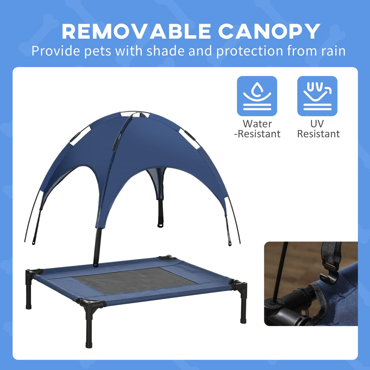 PawHut Elevated Dog Bed with Removable Canopy, Outdoor Dog Cot with UV Protection Canopy Shade, 30 inch Pet Bed for Camping, Dark Blue