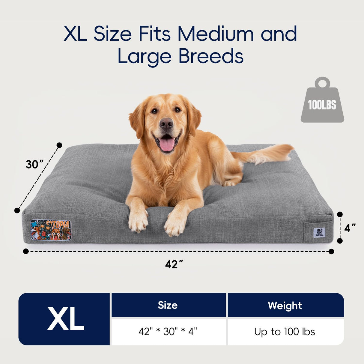 Sytopia 42 Inch Indestructible Dog Beds for Large Dogs, XL Chew Proof Dog Bed, Waterproof Pet Crate Pad with Chew-Resistant Removable Cover, Great for Indoor, Outdoor, Crate, Patio Use (Grey)