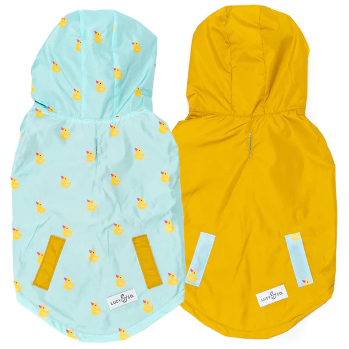Lucy & Co. Lucky Ducky - Reversible Raincoat for Dogs & Pets - Dog Raincoat - Fashionable and Comfy Water Proof Adjustable Poncho for Canines - Medium - Yellow Blue Rubber Duck