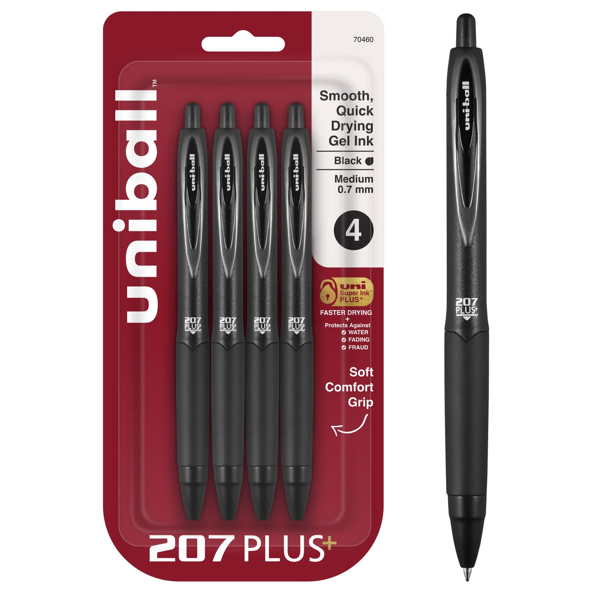 uniball 207 Plus+ Retractable Gel Pens, Medium Point (0.7mm), Black, 4 Pack
