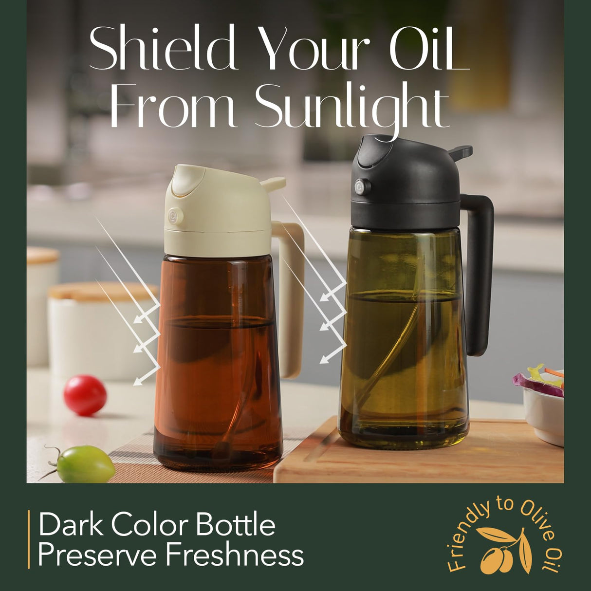 16oz/470ml Light-Blocking Dark Oil Sprayer for Cooking, 2 in 1 Olive Oil Dispenser Bottle for Kitchen, Premium Dark Green Glass Oil Bottle, Food-Grade Oil Mister for Air Fryer, BBQ (Black)