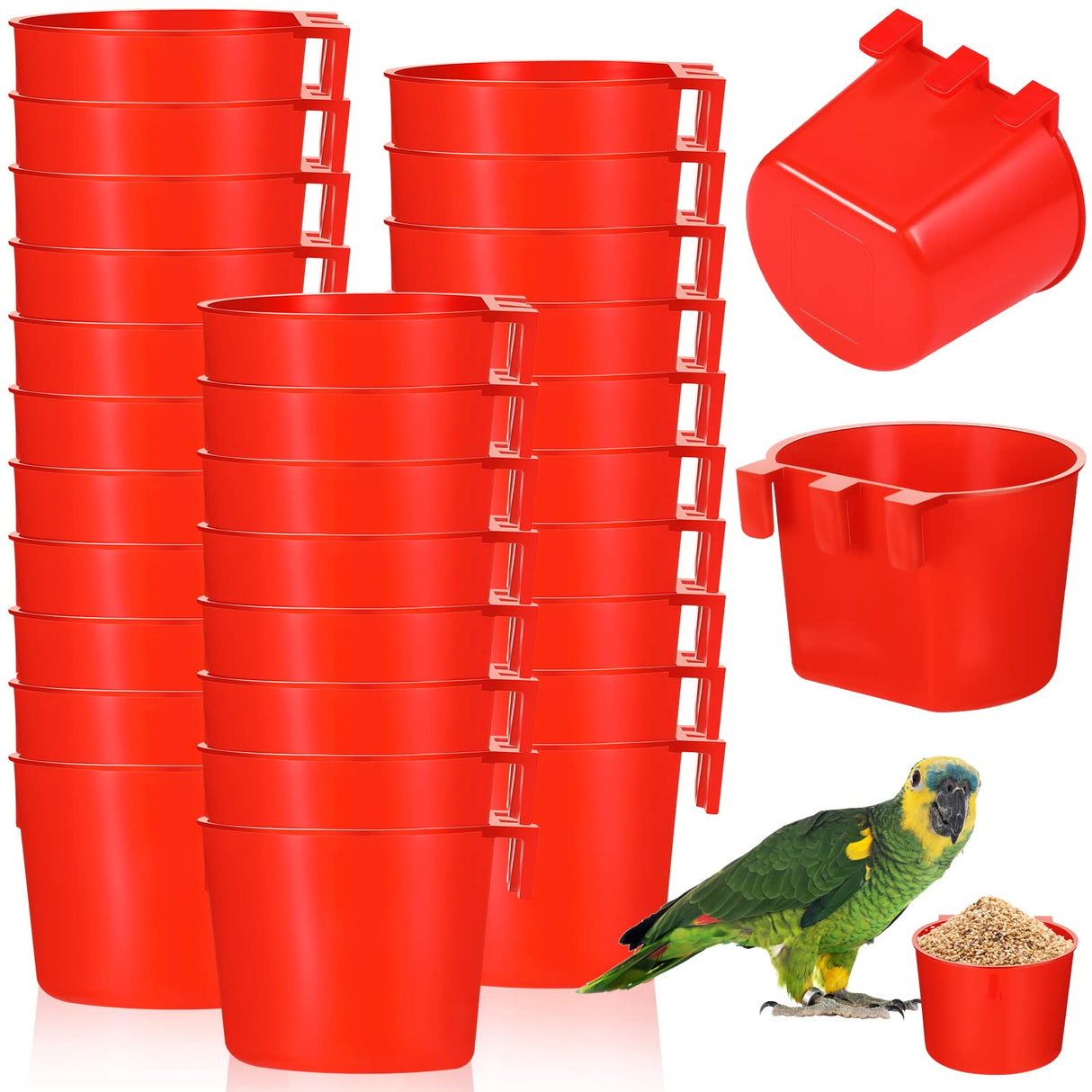 30 Pcs Cage Cups Birds Feeders Bird Water Dispenser Hanging Quail Waterer Plastic Chicken Feeding Watering Dish for Small Coop Parrot Parakeet PET Poultry Pigeon Gamefowl Food Seed Bowl Supplies, Red