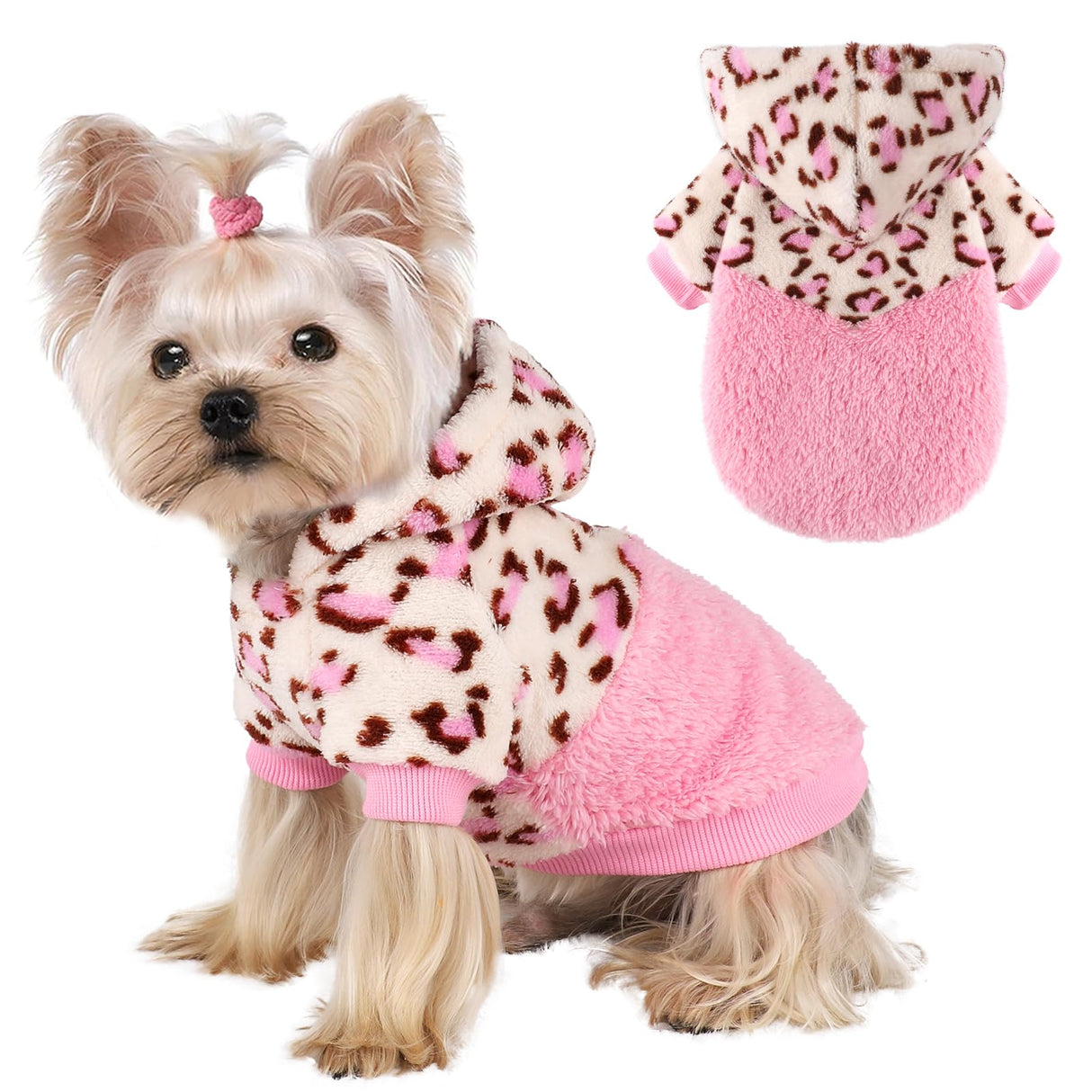 Yikeyo Dog Sweaters for Small Dogs, Winter Dogs Hoodies Boy Girl, Warm Fleece Clothes for Teacup Chihuahua Yorkie, Pet Apparel Outfit,Pink Leopard,XXS