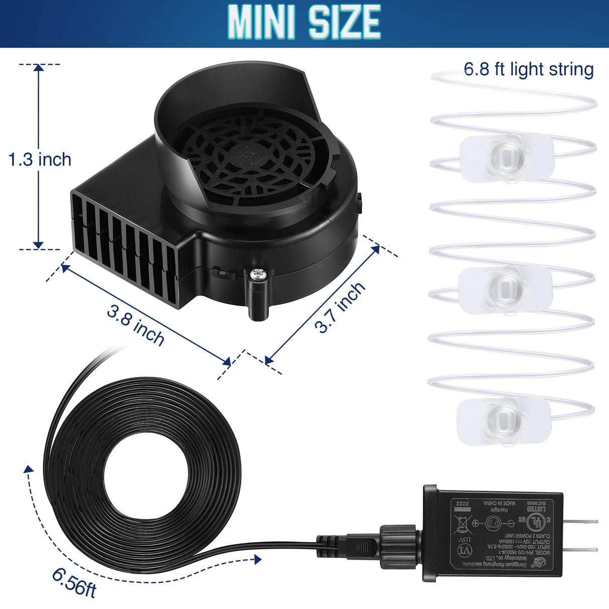 Hiboom Replacement Fan Blower, 12V 1.2A Mini Air Blower with 3 LED Light String for Inflatables Indoor Outdoor, 12V 1.5A Adapter for Christmas Xmas Holiday Inflatables Fan Blower(2 Set)