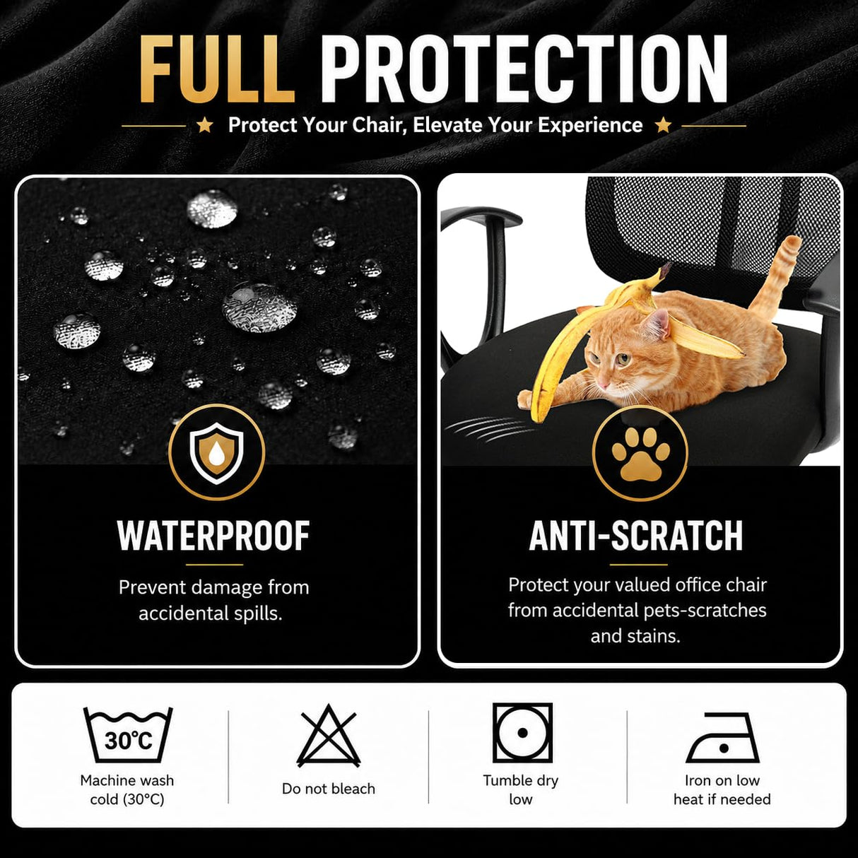 DIVA EN CAMINO DEC Water-Resistant Stretchable Desk Office Chair Seat Cushion Covers - Universal Spandex Computer Chair Slipcover - Removable Washable Cushion Protectors for Dogs, Cats, Black