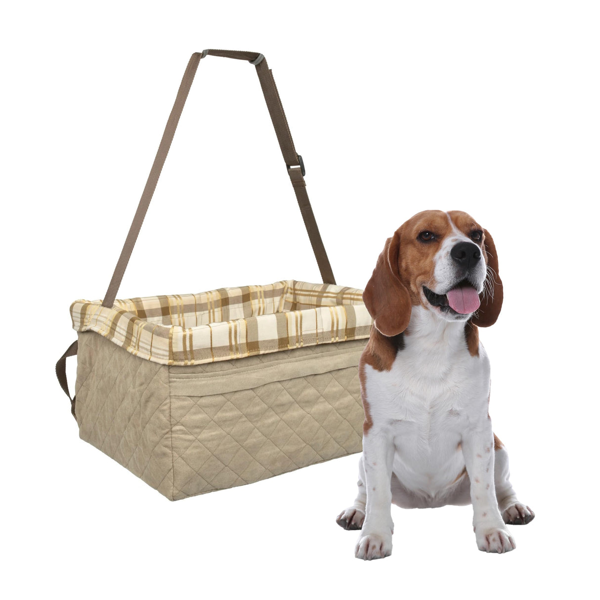 PetSafe Happy Ride Booster Seat for Dogs - Open Road Comfort - Safe Tether System - Zipper Pouch Dog Seat - Machine Washable Fleece Liner - Easy Install Design - Tan - Up to 25 lb