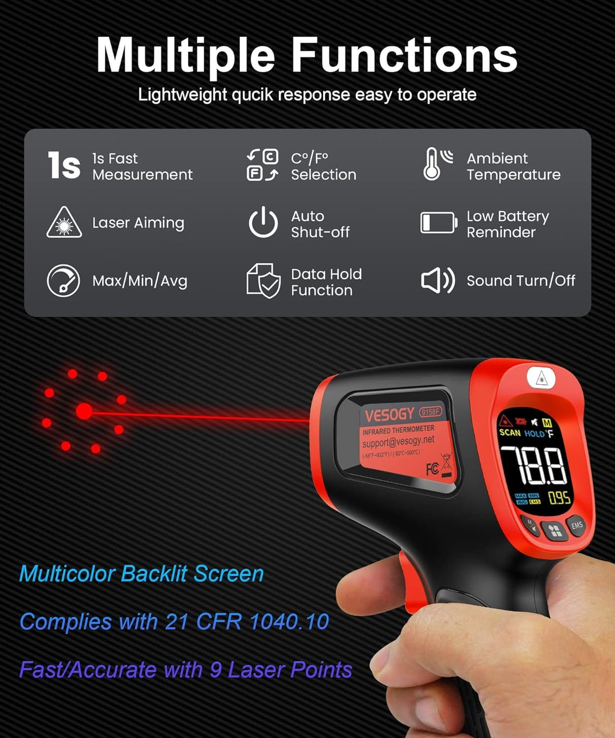 Infrared-Thermometer-Gun-Heat-Temperature-Gun -58°F ~932°F-Auto Off Digital Laser Thermometer Gun for Cooking, Pizza Oven, Grill, Large Display IR Thermometer Temp Gun with Adjustable Emissivity