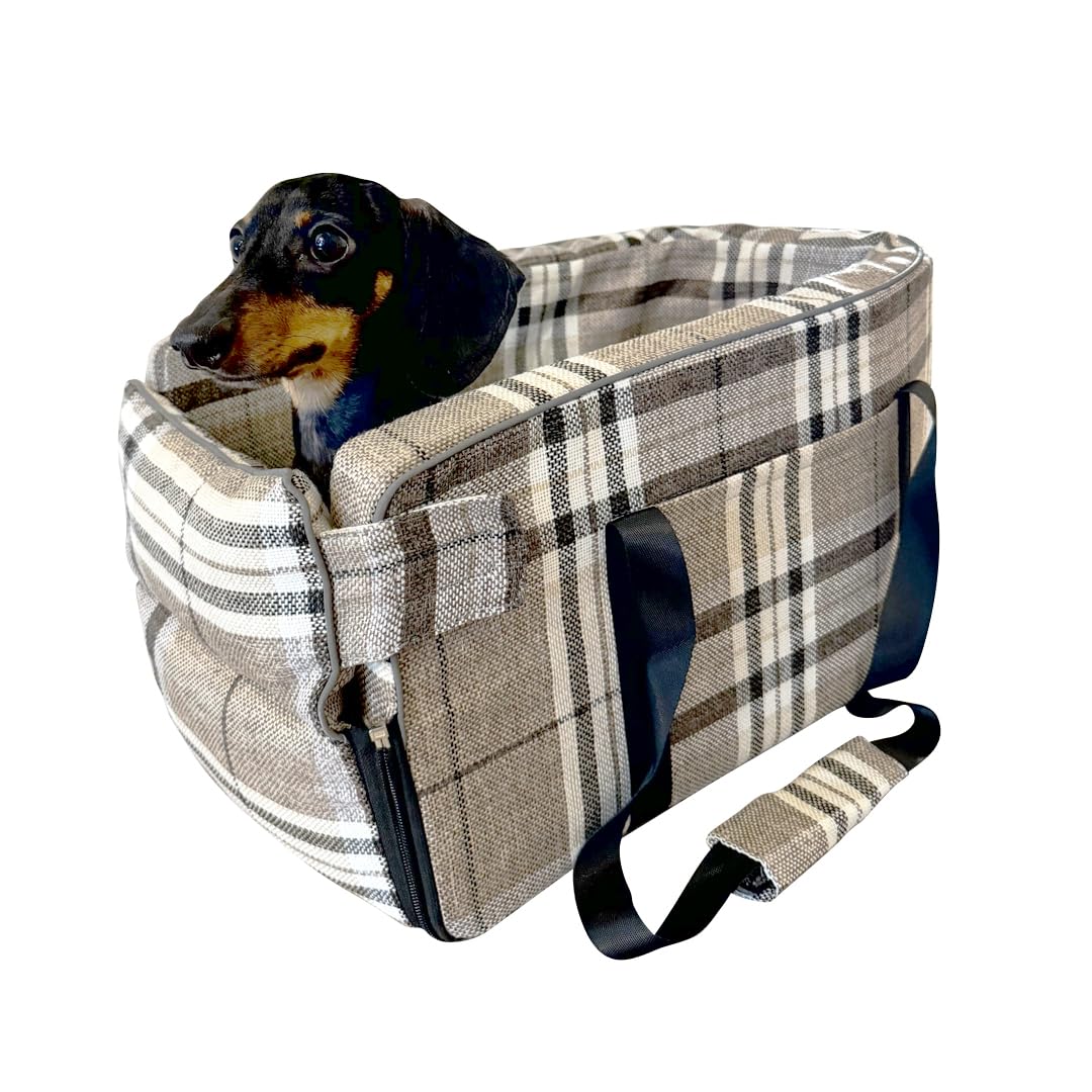 Kumdita' Center Console Dog Car Seat & Carrier for Small Dogs & Cats – Portable Booster with Sewn-in Leash, Machine Washable, Fits Most Vehicles (Classic Beige Check)