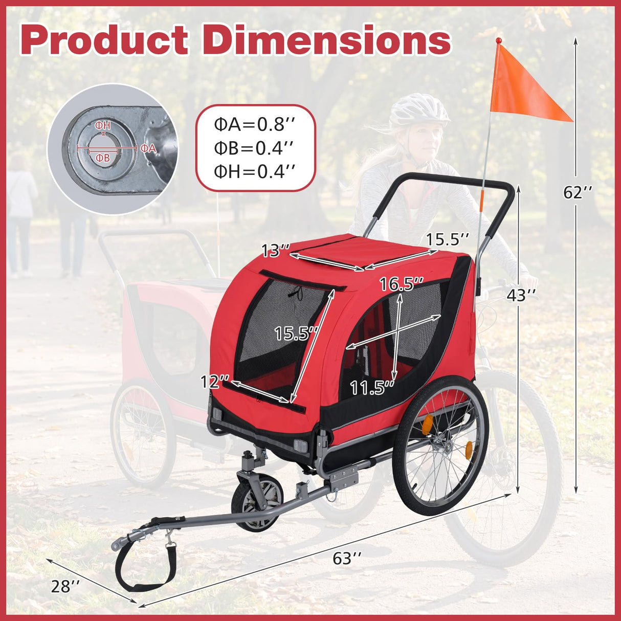 Giantex 2-in-1 Dog Bike Trailer & Pet Stroller for Large Dogs – Foldable Pet Carrier Cart with Front Caster & 2 Air-Filled Tires, Breathable Mesh, PVC Rain Cover, 176 lbs Capacity (Red)