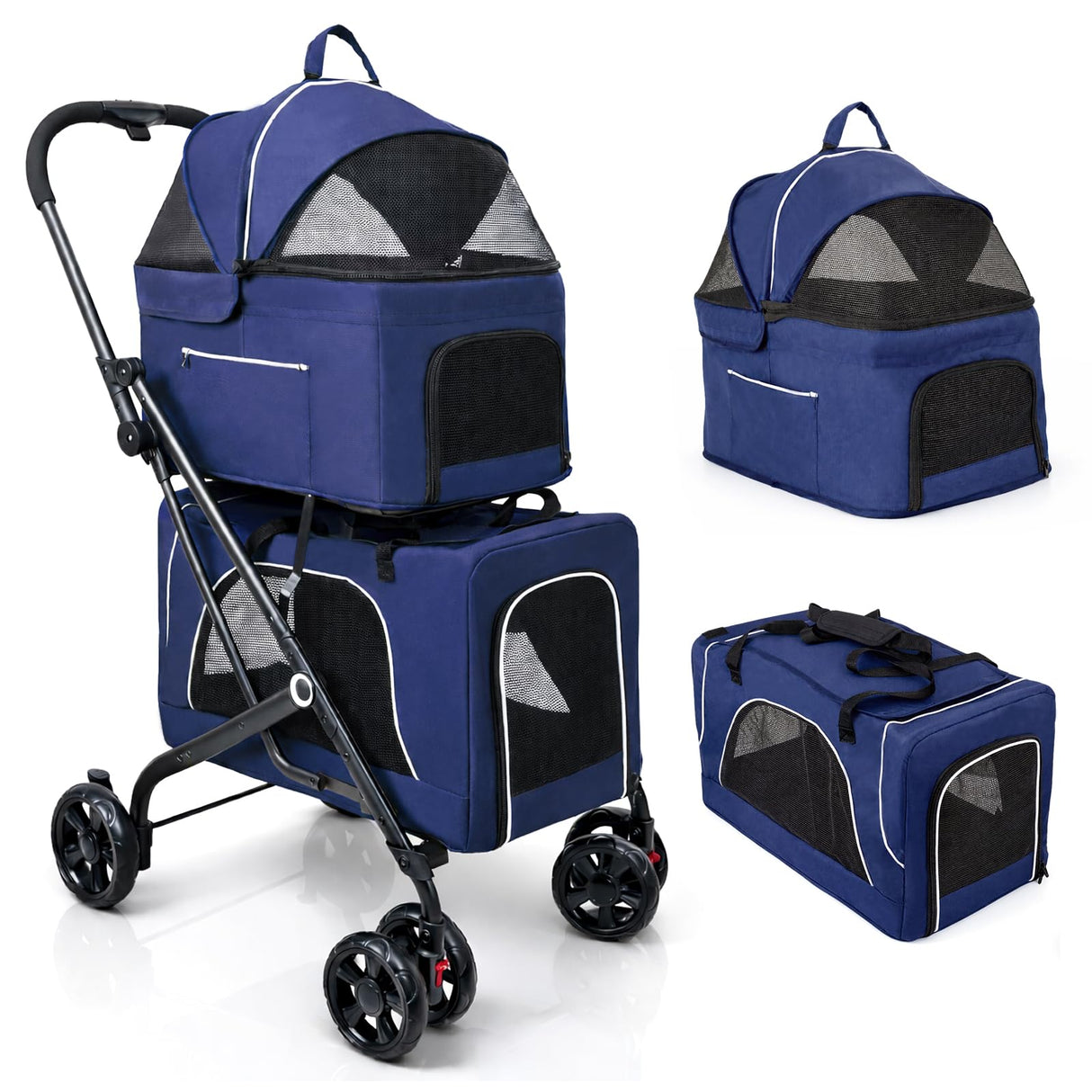 Petmolico Double Pet Stroller for 2 Cats/Dogs Strollers,2 Detachable Cat Carrier,No-Zip Double Pet Travel Storller for Small/Medium Dogs(Blue&Black)