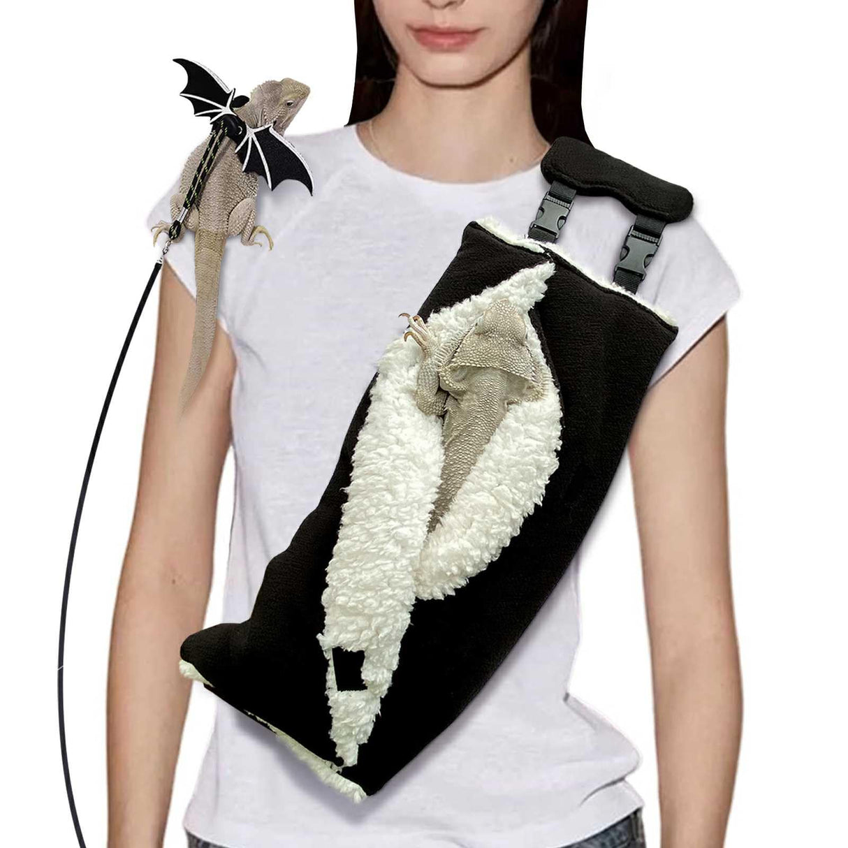 Adjustable Fluffy Bearded Dragon Sling Carrier Bag, Reptile Carrier with Leash Harness Lizard Cage Accessories for Small Animal, Ferrets, Squirrel, Hamsters,Parrot (Black)