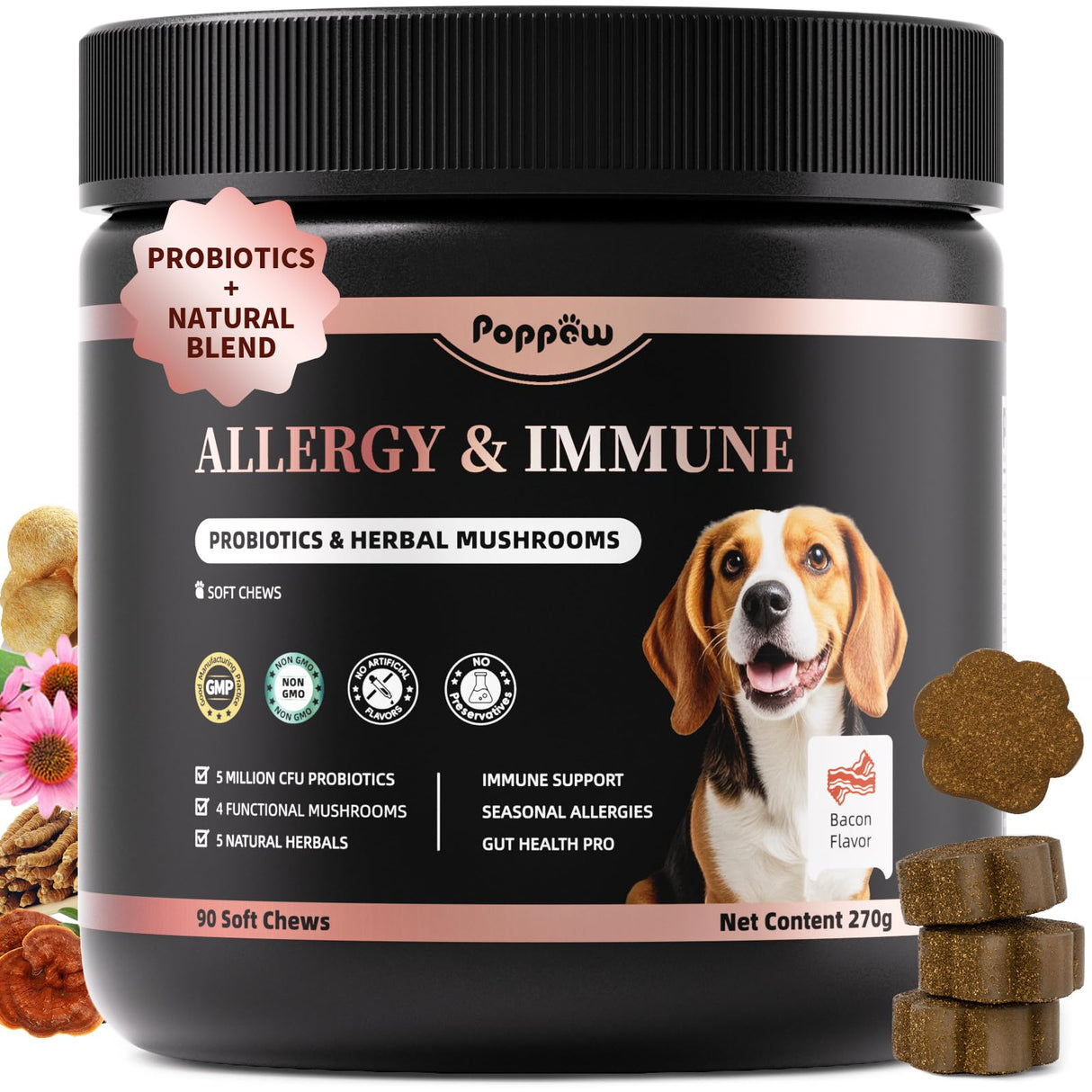 POPPAW Dog Allergy Chews, Probiotics for Dog Allergy Relief - Itchy Skin and Itchy Ears - Allergy Paw Relief - Seasonal Allergies & Immune Gut Health & Joint, Energy Support, Bacon Flavor - 90 Count
